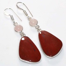 Long Rhyolite Jasper Rose Quartz 925 Silver Plated Earrings 2.2