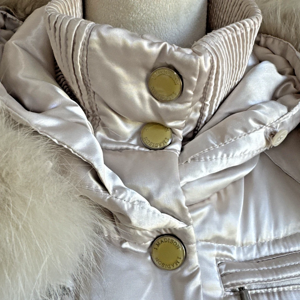 1 Madison Luxe Women’s Medium Down Puffer Coat Fox Fur Hood Belted Quilted Satin - Image 3 of 4