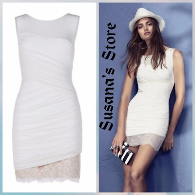bcbg white bodycon dress NEW BCBG MAXAZRIA SIZE 6 WHITE RENAY LACE-BLOCKED RUCHED BODYCON DRESS  NYC66G96