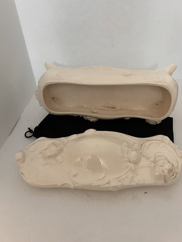 VINTAGE ART NOUVEAU ROSES CERAMIC JEWELRY BOX CASKET LARGE MOLDED White 10x4 - Picture 5 of 11