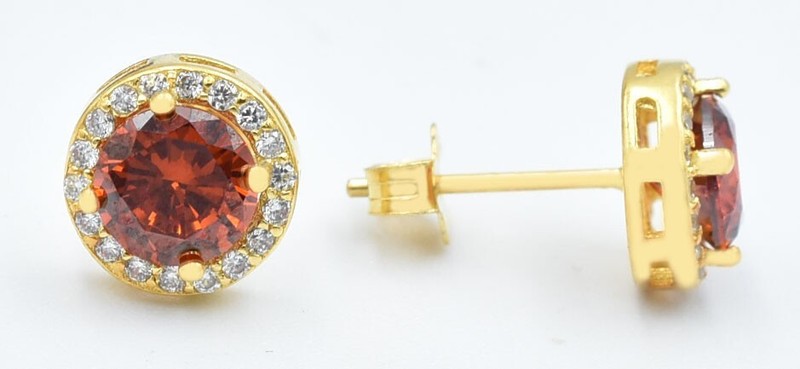 LAB CREATED 2.30 Cts RODHOLITE  & W/SAPPHIRE STUD EARRING 14K GOLD PLATED (.925)