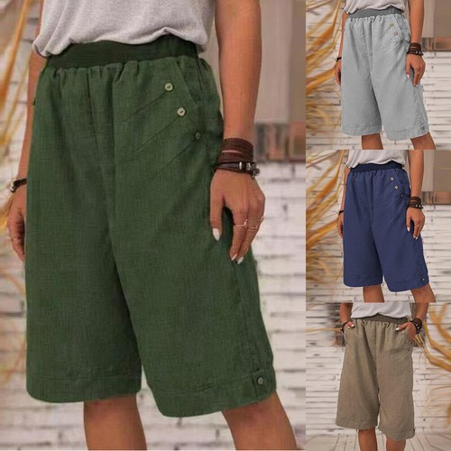 Women Elastic Waist Casual Shorts Ladies Cotton Linen Pocket Summer Short Pant
