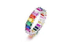 Rainbow Emerald Cut Ring Cubic Zirconia, Eternity Band Ring for Woman Girls 