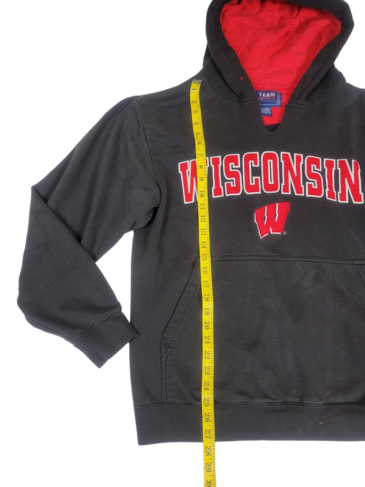 VETEMENTS Felpa con cappuccio nera Wisconsin Badgers taglia large pullover borsa tasca