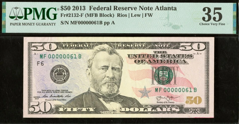 2013 $50 Federal Reserve Note PMG 35 - Birthday - Low Serial Number 00000061 - Image 2 of 3