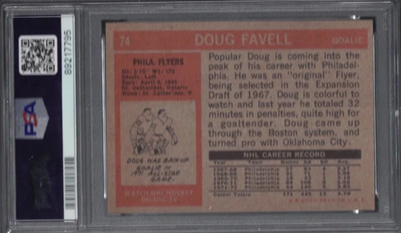 1972 Topps #74 Doug Favell PSA 6 EX-MT Philadelphia Flyers Legend - Image 2 of 2