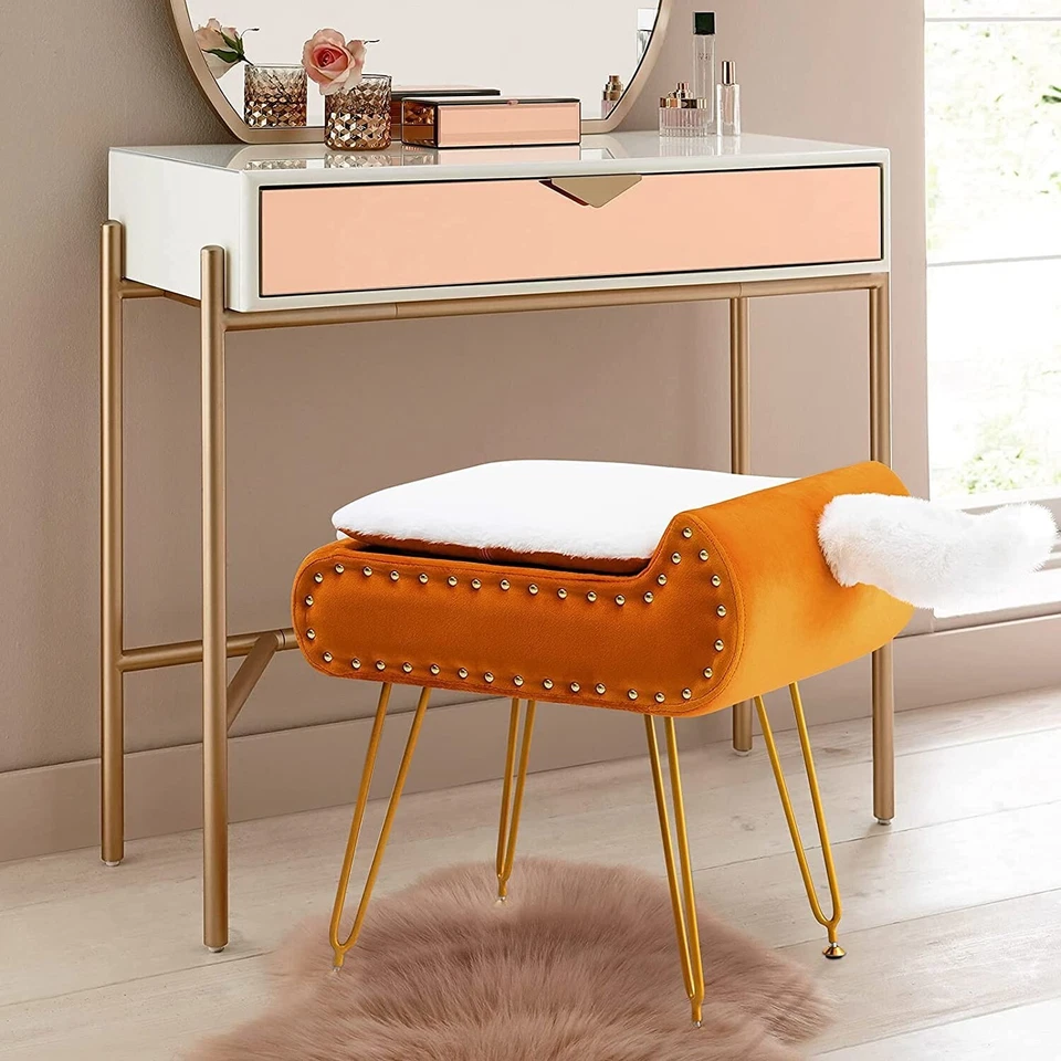 Velvet Vanity Stool with Storage Square Makeup Chair with Metal Leg Modern Style - Image 3 of 4