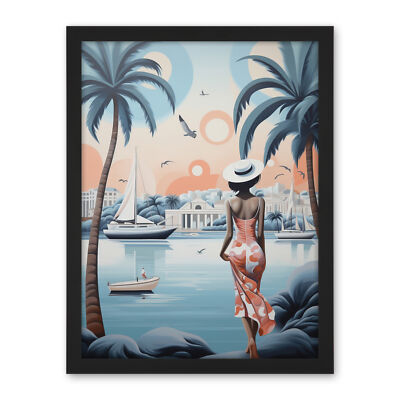 French Riviera Palm Tree Coastline Boats Woman Cote d'Azur Framed Art 18X24