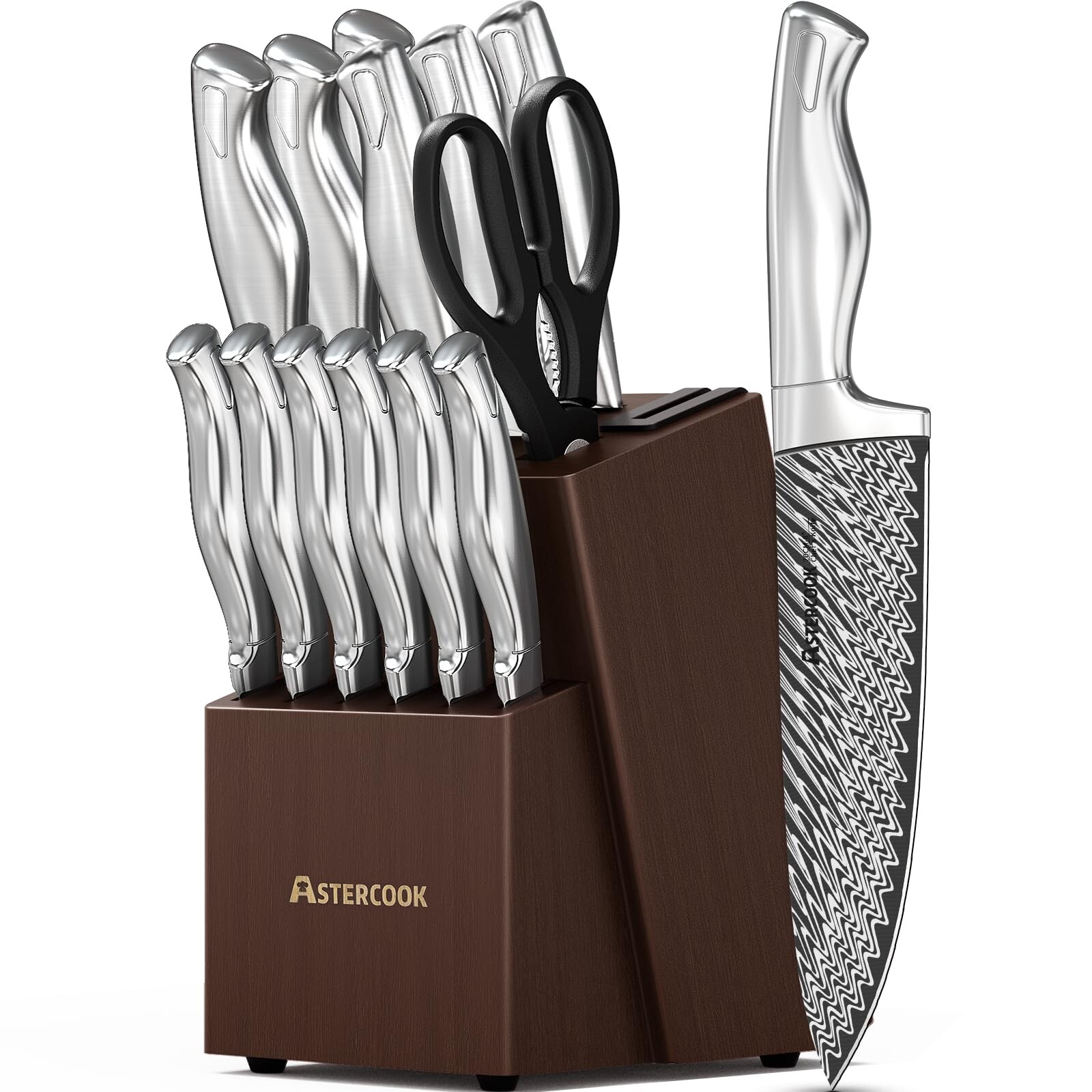 Knife Set, 15 Pieces Kitchen Knife Block Set with Built in Knife Sharpener Bl...-image