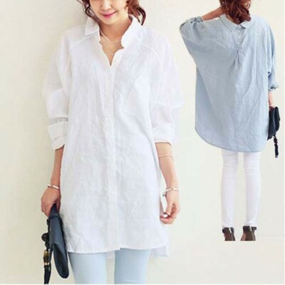 Lady Linen Look Oversize Boyfriend Style Blouse Long Shirt Top Tee Hippie Solid