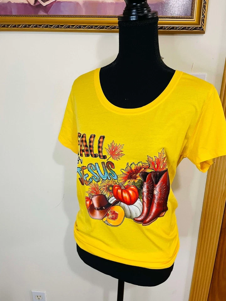Специальный желтый осени христианский Иисус тематический короткий рукав размер L/XL графический футболка - Изображение 4 из 4