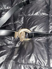Chicos Statement Belt Black Leather Hammered Gold Silver Buckle M/L