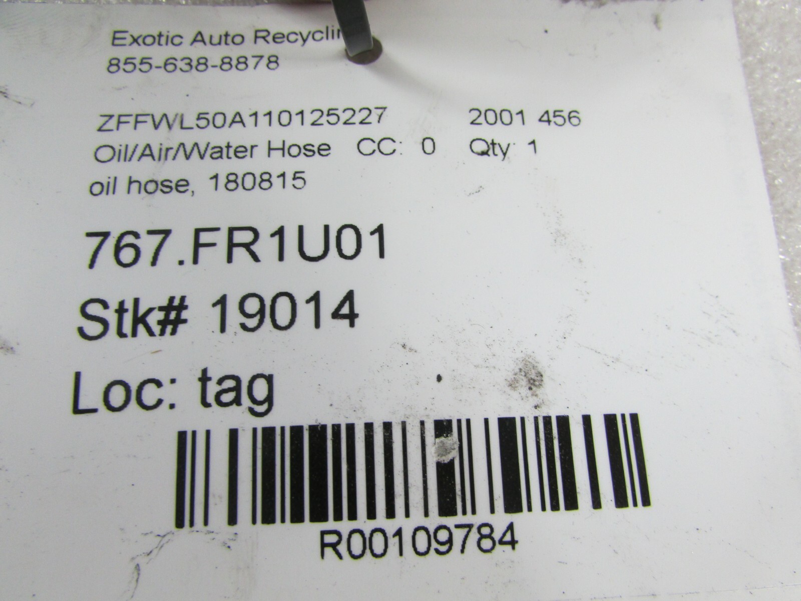 Ferrari 456, Engine to Tank Oil Hose, Used, P/N 180815