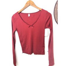 BP Burgundy Lettuce Hem Long Sleeve Bow Top size XS