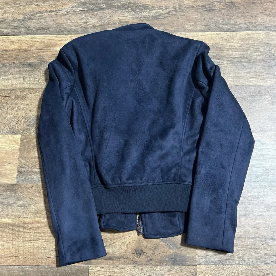 Banana Republic Vegan Suede Moto Jacket Full Zip Lined Navy Blue XS P Petite NEW - Image 2 of 4
