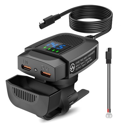 Motorcycle Phone Charger Battery Two Way USB Dual Type-C PD 3.0 Voltmeter