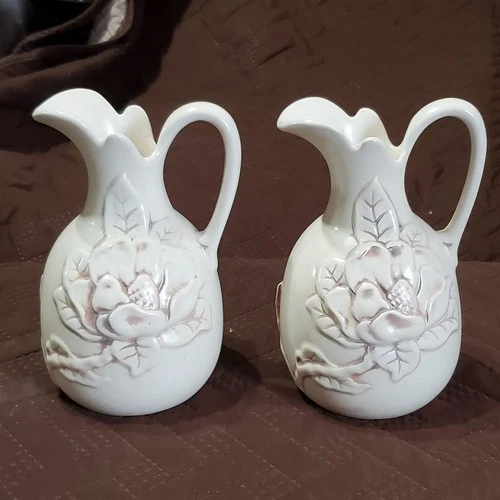 2 Vintage 7" Red Wing Pottery Vase Pitcher w/ Magnolia flower Ivory 1012