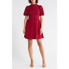 Eliza J Embellished Puff Sleeve Dress Mock Neck Fit & Flare Size 4 Red/Wine