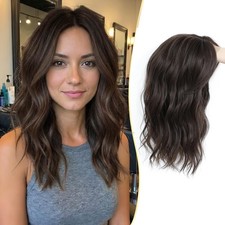 Soft Brown w/ Side Bangs Long Wavy 16in Women Premium Hair Topper