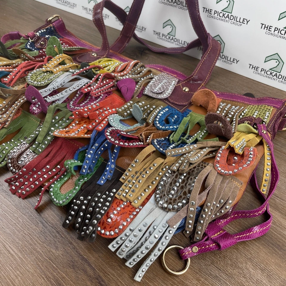 Vibrant Bohemian Fringe Beaded Leather Satchel Tote Bag Colorful Boho Festival - Image 3 of 4