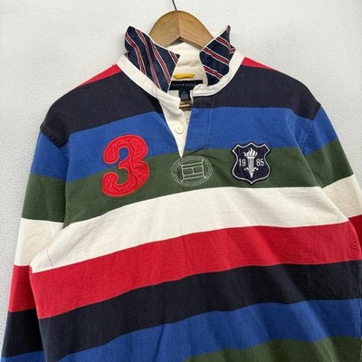 Vintage Tommy Hilfiger Rugby Shirt men's Large Colorful Thick Crest Shield 90s