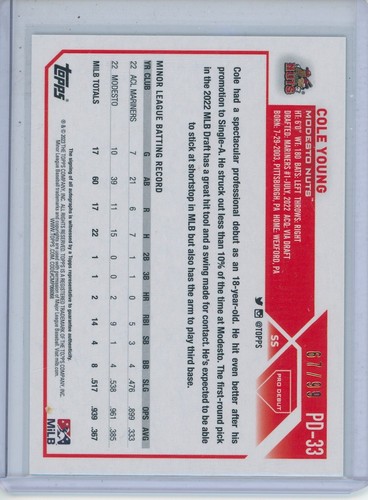 2023 Topps Debut Cole Young RC ROOKIE GREEN FOIL AUTO AUTOGRAPH 67/99 - Picture 2 of 2