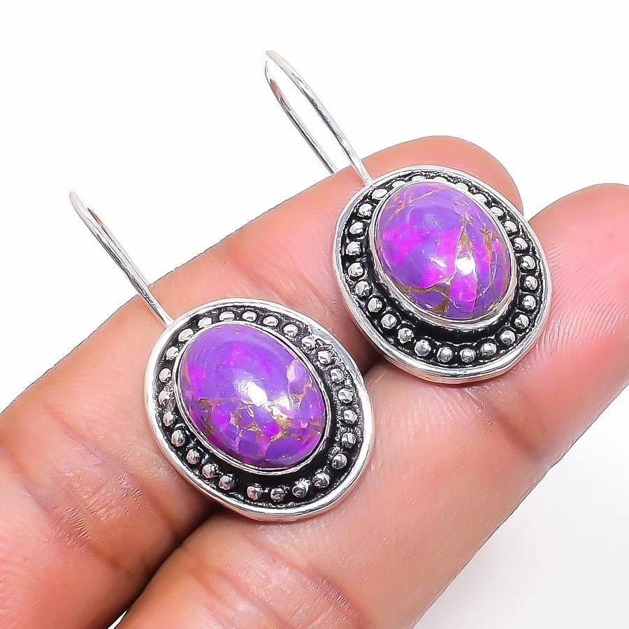 Copper Turquoise Gemstone 925 Sterling Silver Jewelry Earrings Size 1.45" - Image 1 of 1