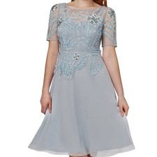 NWT 279 Adrianna Papell Beaded Mesh and Chiffon Cocktail Dress Blue Heather 16