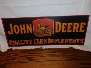 Vintage John Deere Quality Farm Implements Painted Metal Sign 26” X10” Inches