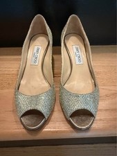 Jimmy Choo Isabel Champagne/Silver Glitter Peep Toe Pumps / Sz EU 38.5 US 8.5