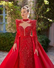 Elegant Women's Red Beaded Maxi Banquet Dress Evening Prom Gown With Overskirt