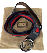 Gucci Web Belt Silver GG Red Navy Fabric Black Leather 105 cm 42 in Runway Auth