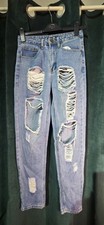 Boohoo Blue UK 6/8 Ripped Jeans Distressed Straight Leg Y2K Grunge Denim 26W