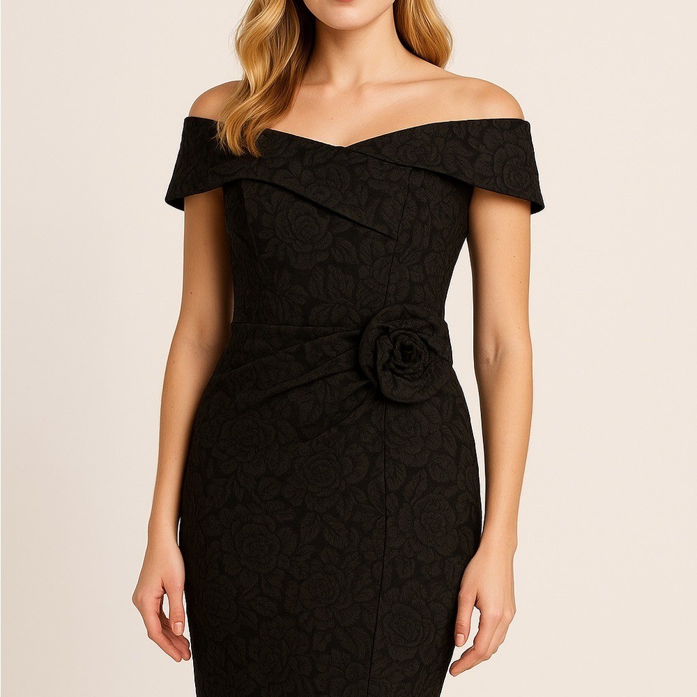 xscape black dress Women's Tie Neck Long - Timeless and versatile Xscape Women's Boat-Neck Rhinestone-Trim-Sleeve Dress