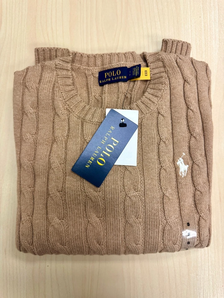  Suéter para mujer pequeño/polo Ralph Lauren tejido con cable algodón cuello redondo marrón Foto 3 de 4