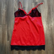 Y2K Whimsigoth Victoria Secret Babydoll Slip Medium Red Black Satin Lace Trim