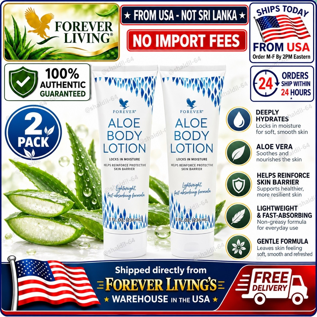 Forever Living Aloe Body Lotion 2 Pack 8 fl oz Each 16 fl oz Total 🚚From USA🚚