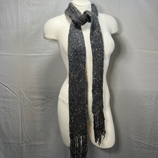 Gray Chunky Knit Skinny Scarf 82in Long Fringe Ends Winter Unisex