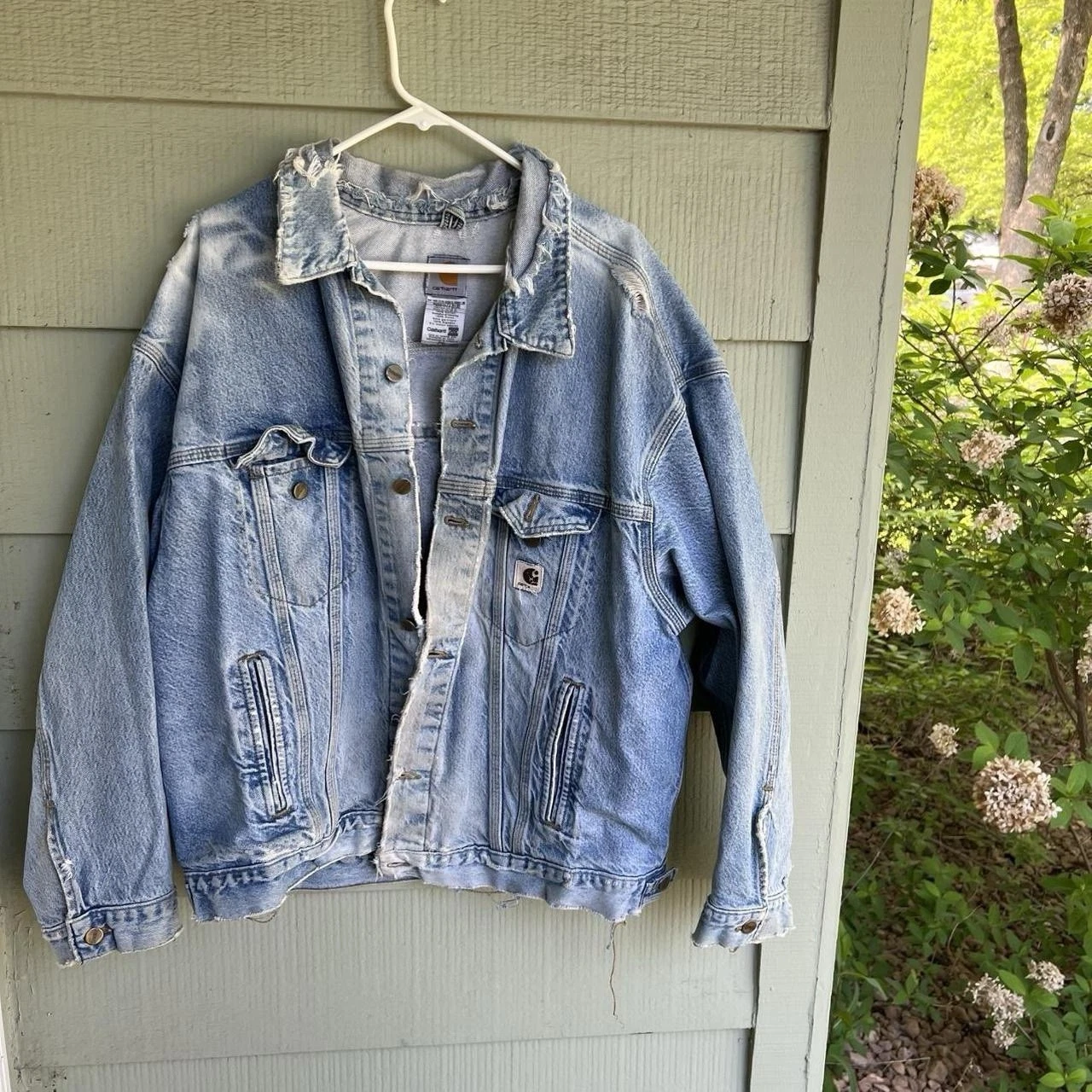 Absolutely Grail Carhartt Distressed blue denim jacket w customized stash pocket