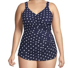 LANDS' END One-Piece Swimsuit Size 16L Navy Polka Dot Slimming Modest Feminine