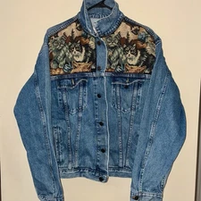 Vintage International Denim Cat Embroidered Jacket - Size Large