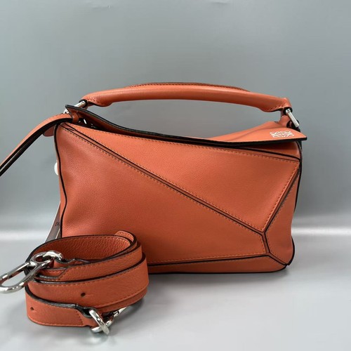 Auth LOEWE Puzzle Small Orange Calfskin Leather Top Handle Crossbody Bag-
