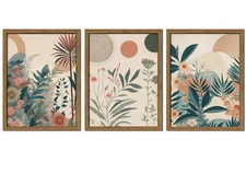 Framed Boho Floral Canvas Wall Art Set of 3, Vintage Burnt Orange Botanical P...
