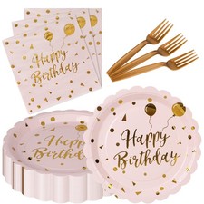 105 PCS Happy Birthday Scalloped Paper Plates Napkins Forks Light Pink Fits 35