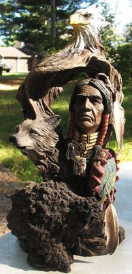 Vtg Tall Native American Bust w Bald Headed Eagle and Wolf Heads Figurine