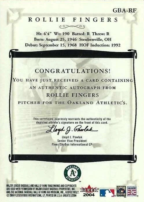 ROLLIE FINGERS 2004 Fleer Greats Auto Autograph HOF Oakland Athletics - Image 2 of 2