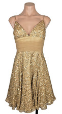 Scala Fit Flare GOLD 100 SILK Wiggle Sequin Ruffle Prom Evening Party Dress 6