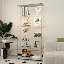 LED 5-Shelf Glass Display Cabinet, 76"H Glass Wine Cabinet with Wheels Bookshelf