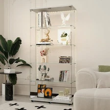 LED 5-Shelf Glass Display Cabinet, 76"H Glass Wine Cabinet with Wheels Bookshelf