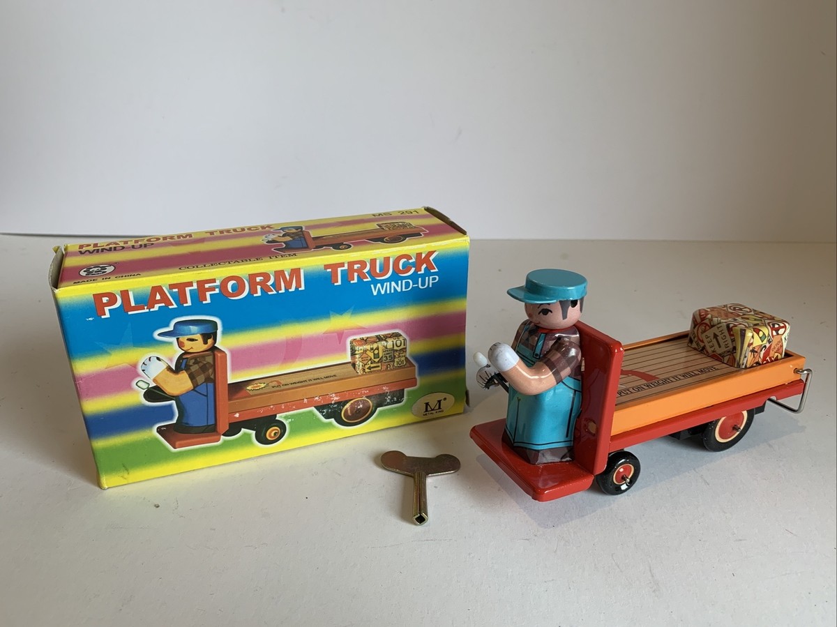 PLATFORM TRUCK Red China clockwork Tin Vintage Toy Chinese wind up